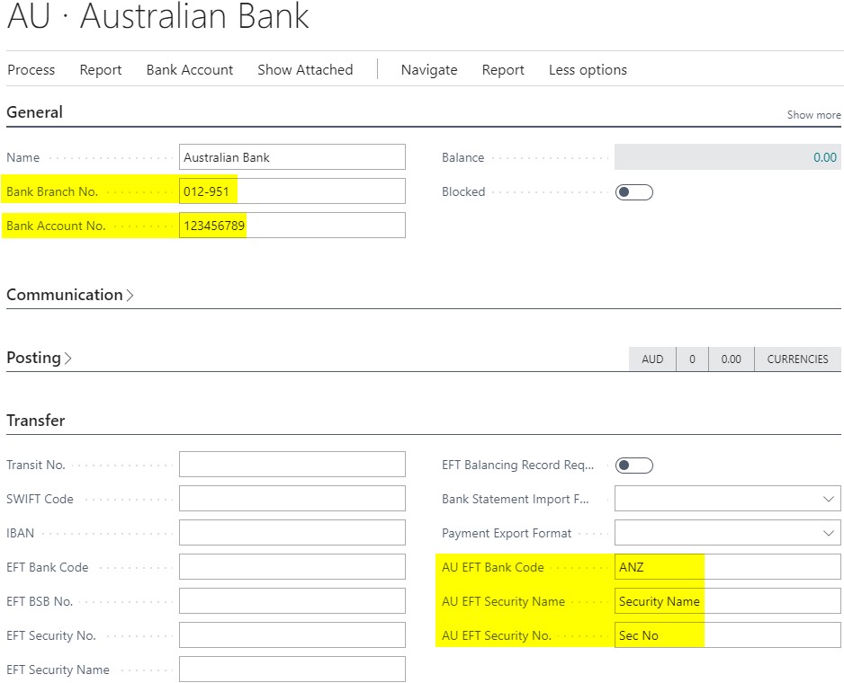 Australian Bank Setup Page